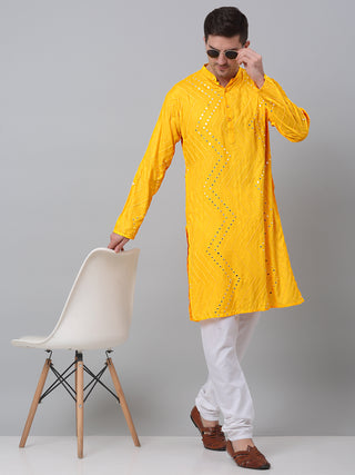 Jompers Men's Mustard Printed Mirror Kurta Only