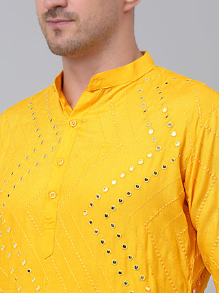 Jompers Men's Mustard Printed Mirror Kurta Only