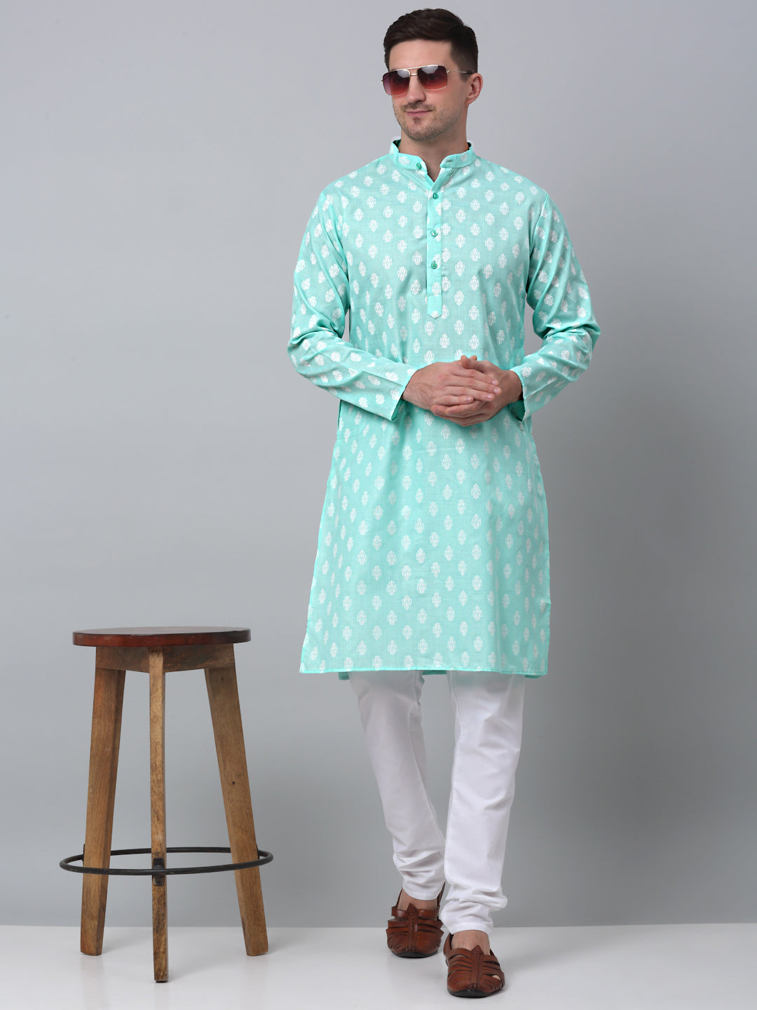 Jompers Men's Green Cotton Floral printed kurta Only
