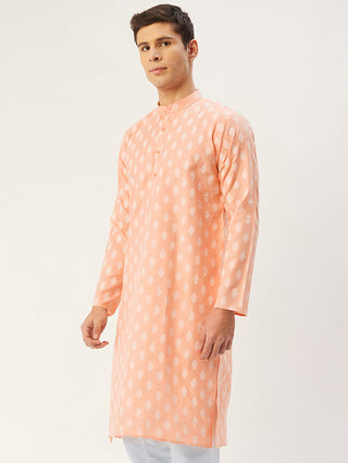 Jompers Men's Peach Cotton Floral printed kurta Only