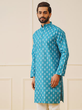 Jompers Men's Teal Cotton Floral printed kurta Only