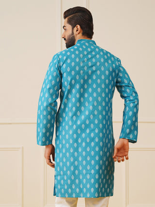 Jompers Men's Teal Cotton Floral printed kurta Only