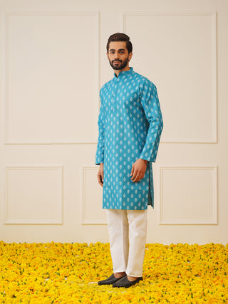 Jompers Men's Teal Cotton Floral printed kurta Only