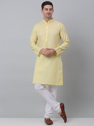 Jompers Men's Yellow Cotton Floral printed kurta Only