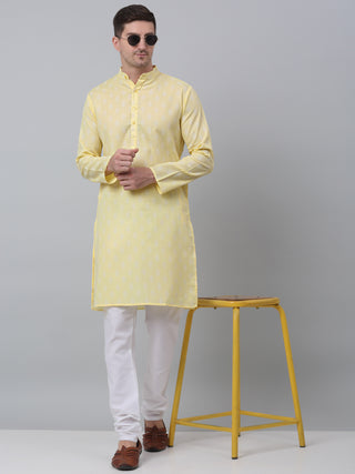 Jompers Men's Yellow Cotton Floral printed kurta Only