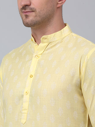 Jompers Men's Yellow Cotton Floral printed kurta Only