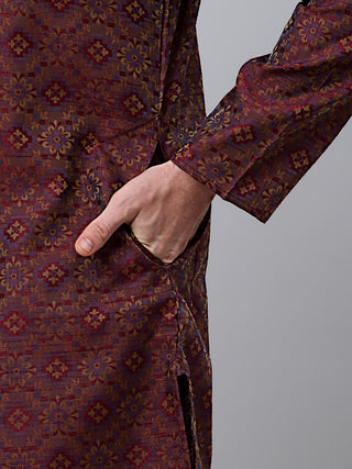 Men Maroon Floral Printed Kurta Only