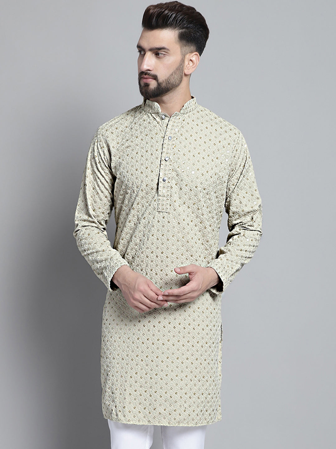 Men Beige Chikankari Embroidered and Sequence Kurta Only