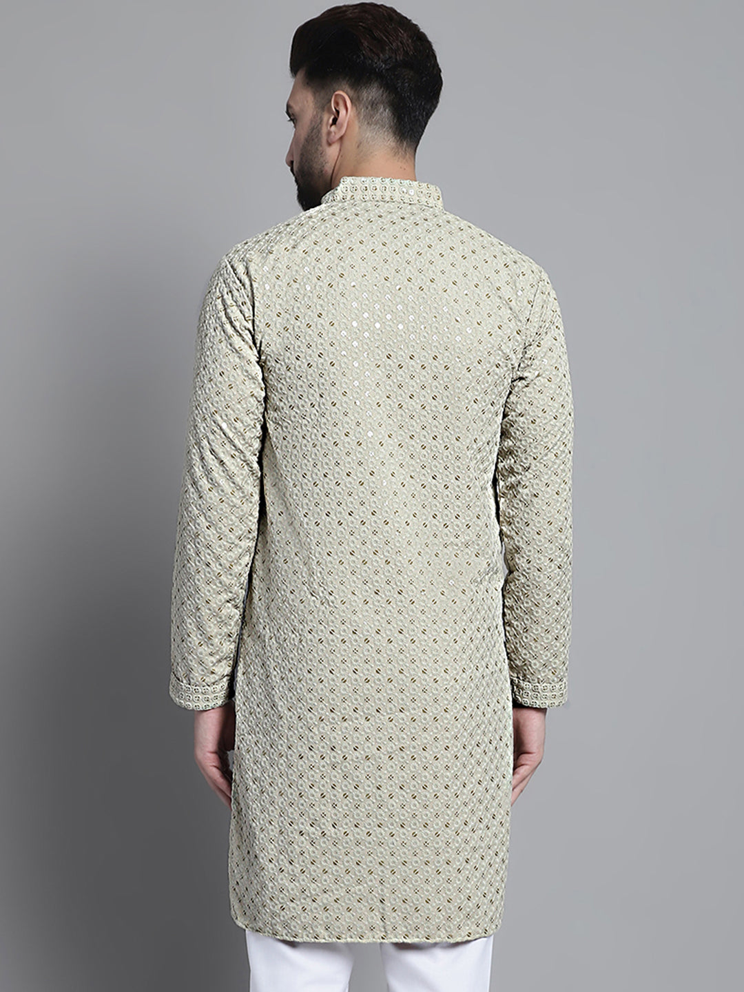 Men Beige Chikankari Embroidered and Sequence Kurta Only