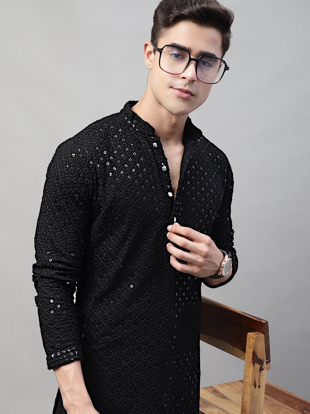 Men Black Chikankari Embroidered and Sequence Kurta Only