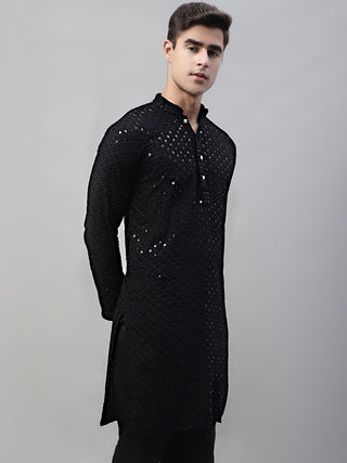 Men Black Chikankari Embroidered and Sequence Kurta Only