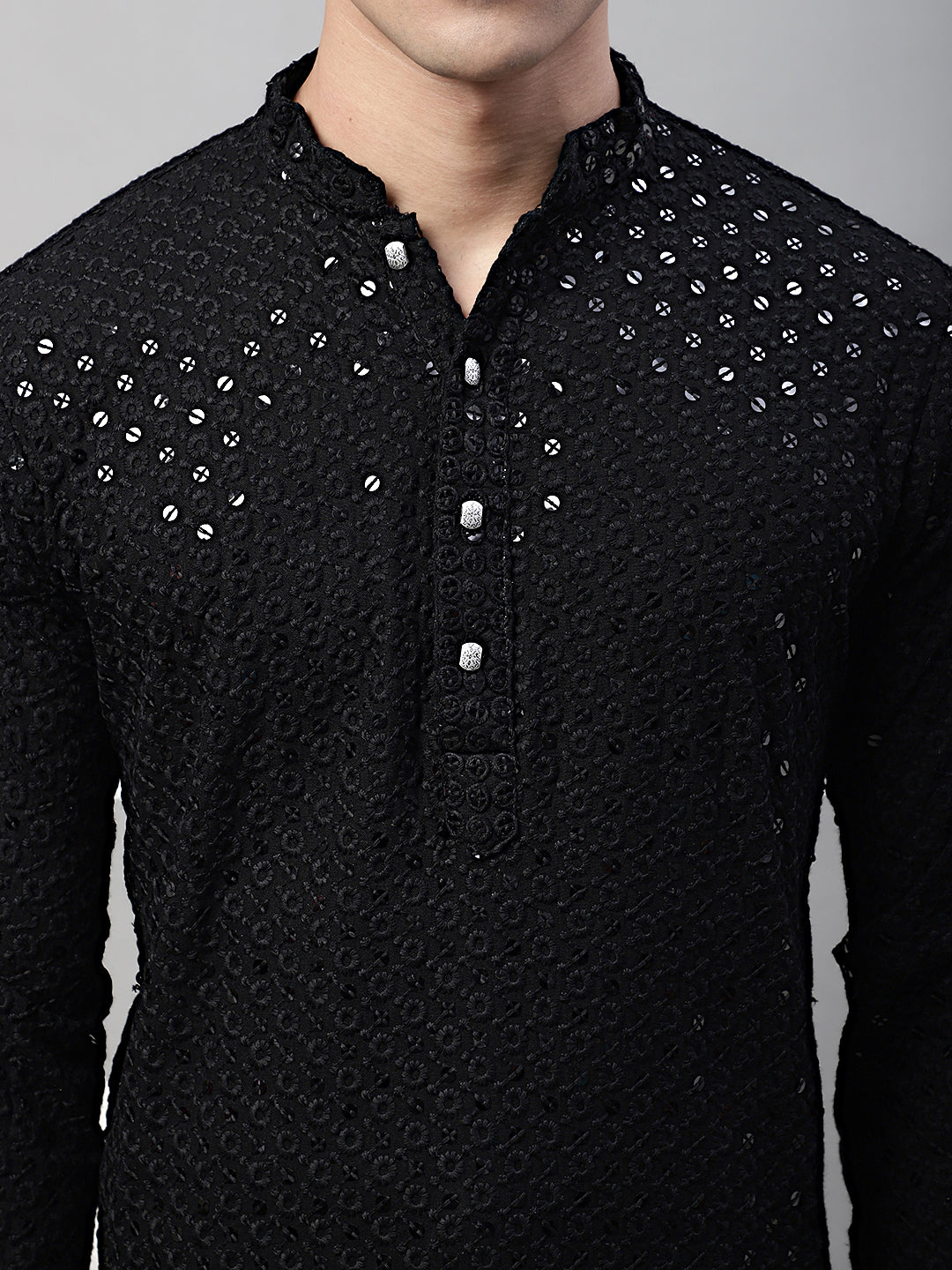 Men Black Chikankari Embroidered and Sequence Kurta Only
