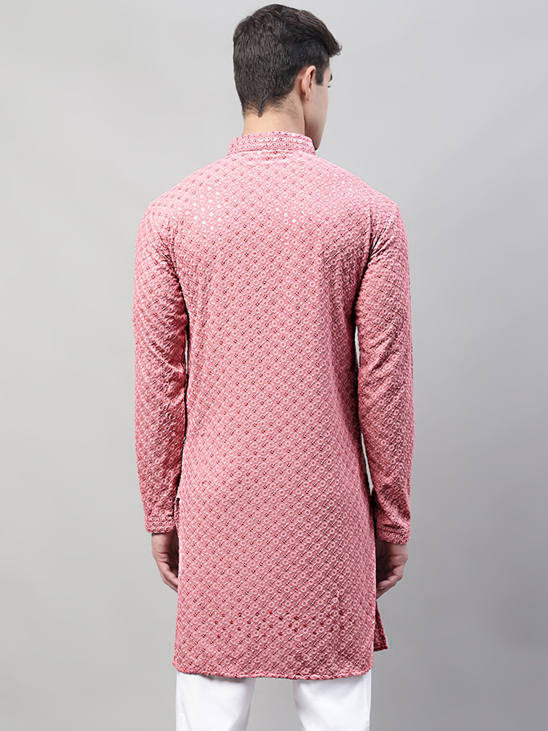 Men Coral Red Chikankari Embroidered and Sequence Kurtas