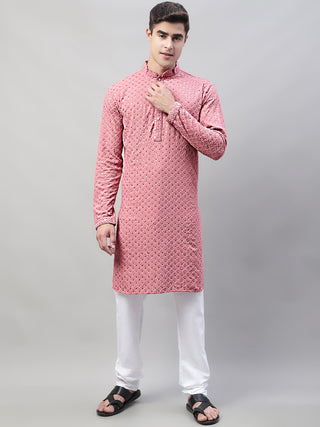 Men Coral Red Chikankari Embroidered and Sequence Kurtas
