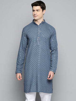 Men Grey Chikankari Embroidered and Sequence Kurta Only