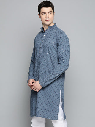 Men Grey Chikankari Embroidered and Sequence Kurta Only