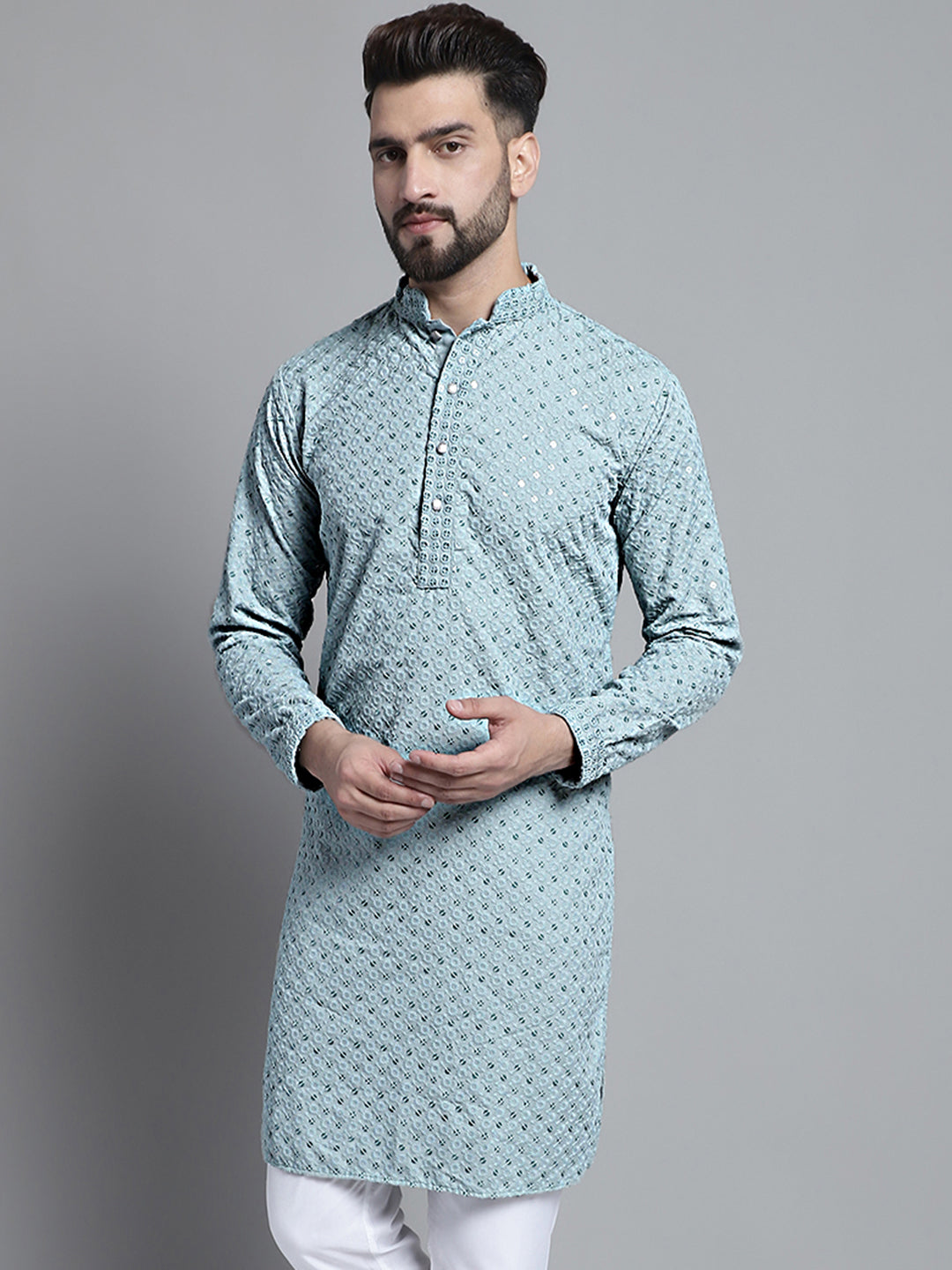 Men Blue Chikankari Embroidered and Sequence Kurta Only