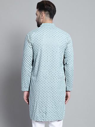 Men Blue Chikankari Embroidered and Sequence Kurta Only