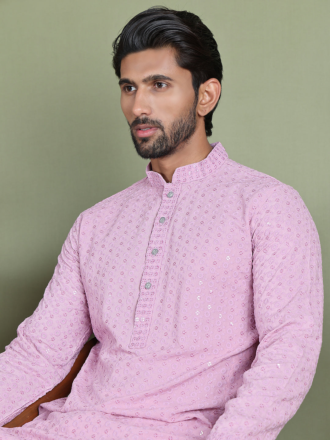 Men Purple Chikankari Embroidered and Sequence Kurta Only