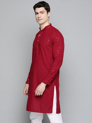 Men Maroon Chikankari Embroidered and Sequence Kurta Only