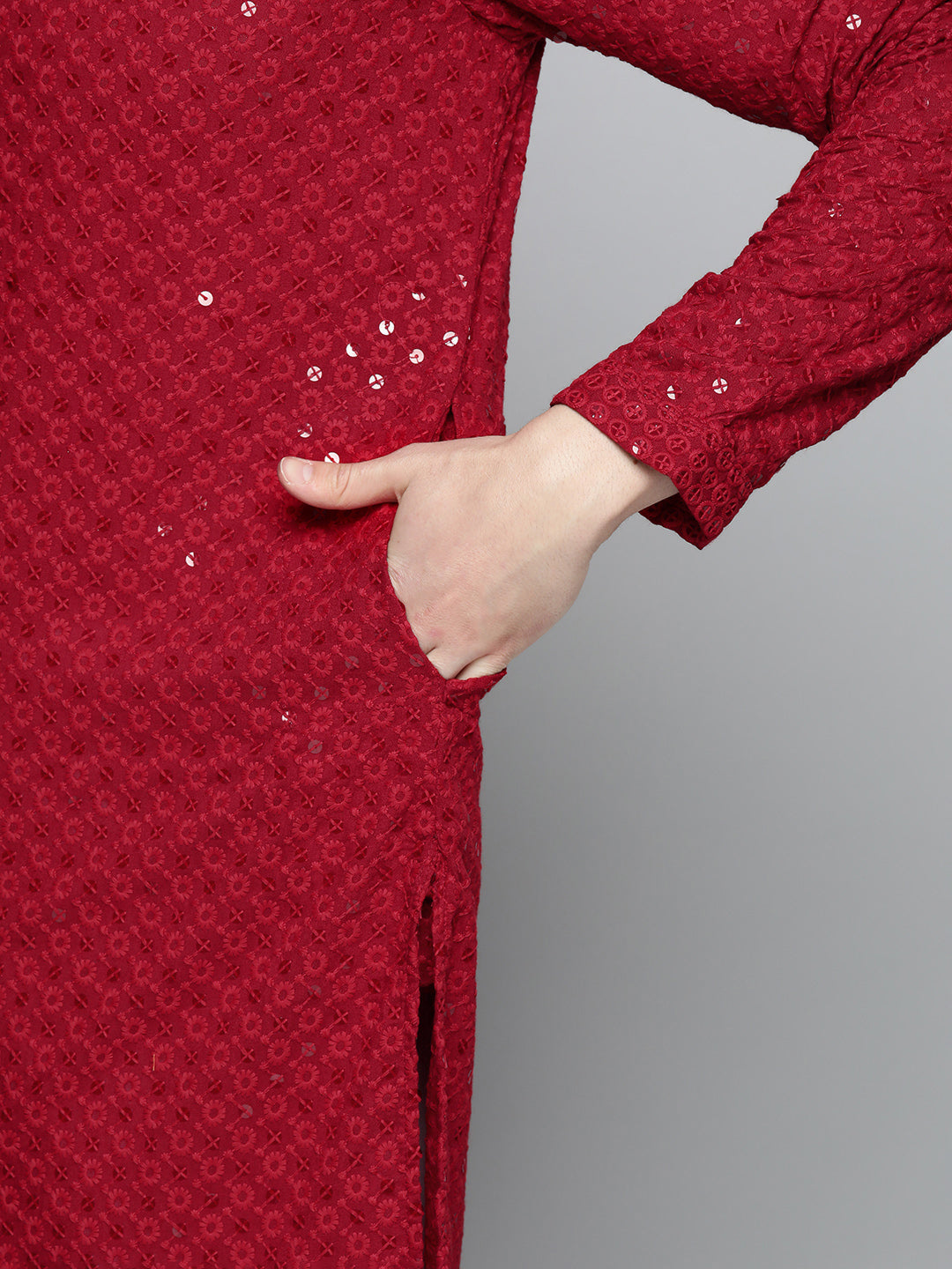 Men Maroon Chikankari Embroidered and Sequence Kurta Only