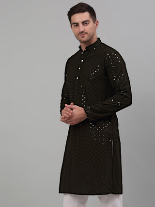 Men Mehndi Green Chikankari Embroidered and Sequence Kurta Only