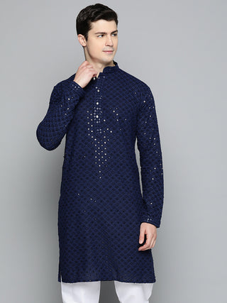 Men Navy Blue Chikankari Embroidered and Sequence Kurta Only