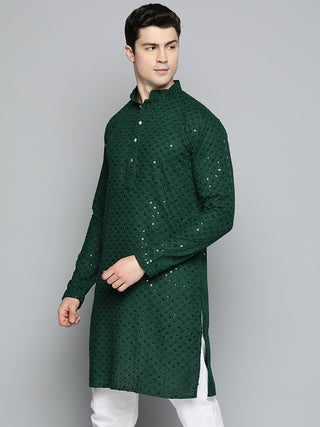 Men Olive Green Chikankari Embroidered and Sequence Kurta Only