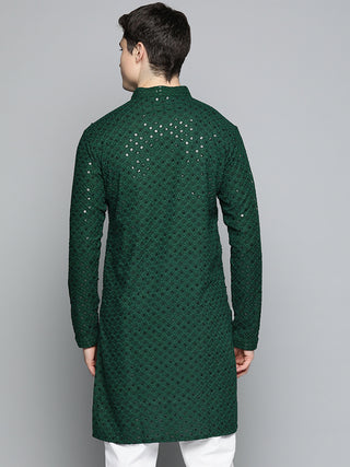Men Olive Green Chikankari Embroidered and Sequence Kurta Only