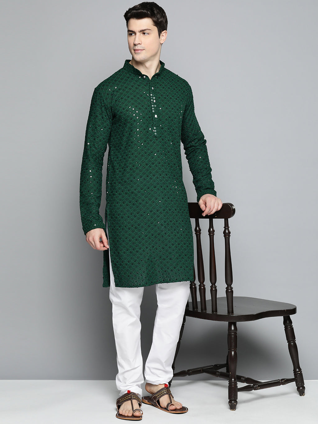 Men Olive Green Chikankari Embroidered and Sequence Kurta with Churida ...