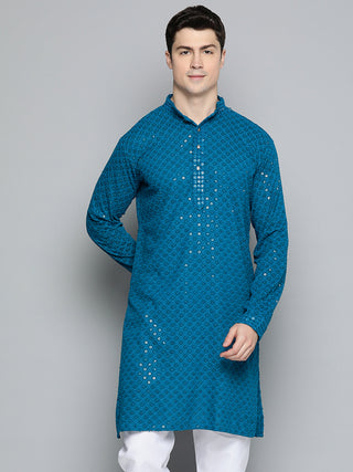 Men Blue Chikankari Embroidered and Sequence Kurta Only