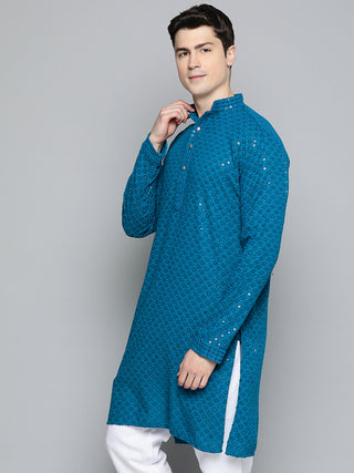 Men Blue Chikankari Embroidered and Sequence Kurta Only