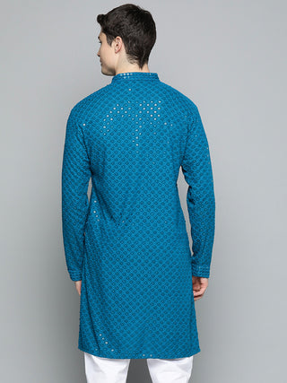 Men Blue Chikankari Embroidered and Sequence Kurta Only