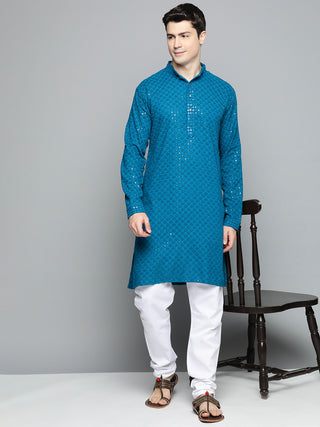 Men Blue Chikankari Embroidered and Sequence Kurta Only