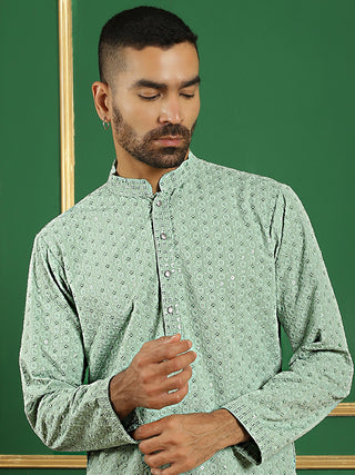 Men Pista Green Chikankari Embroidered and Sequence Kurtas