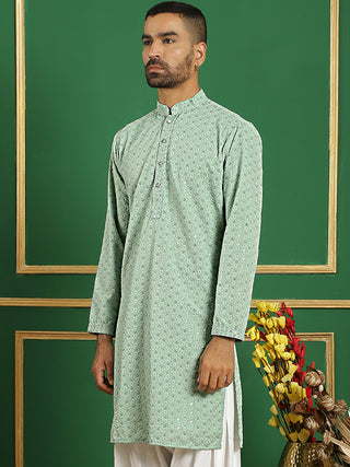 Men Pista Green Chikankari Embroidered and Sequence Kurtas