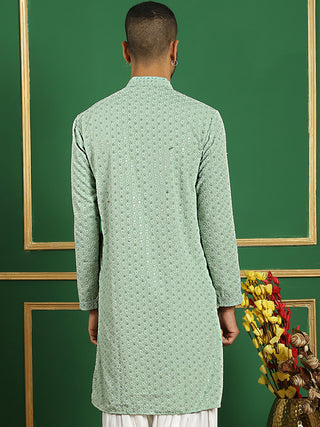 Men Pista Green Chikankari Embroidered and Sequence Kurtas
