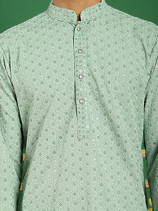 Men Pista Green Chikankari Embroidered and Sequence Kurtas