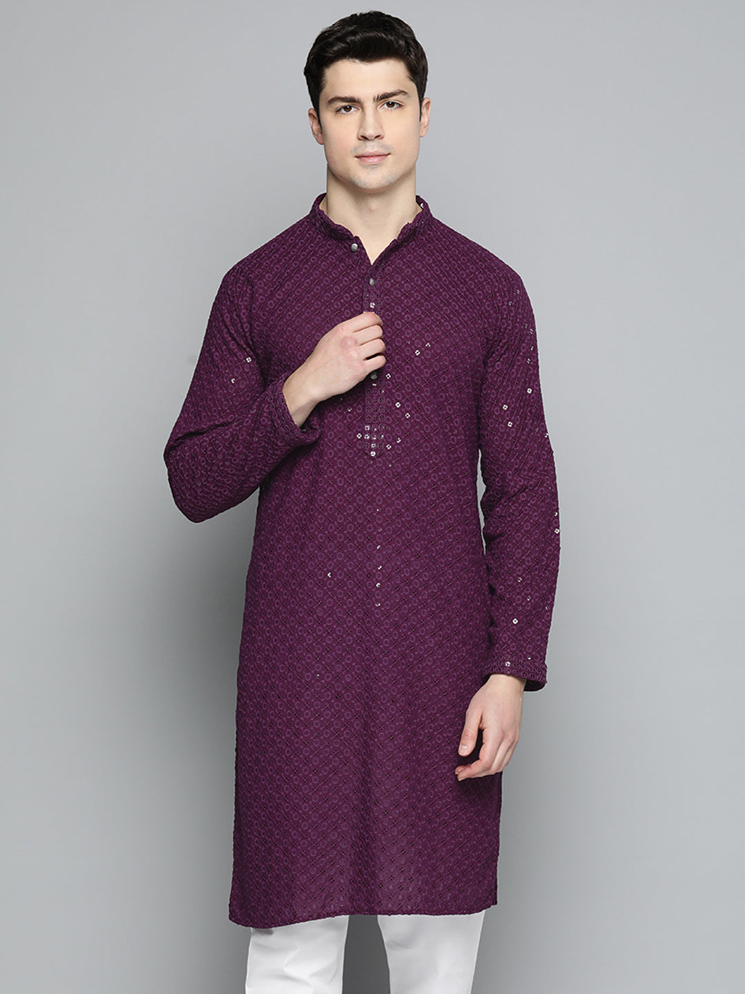 Men Purple Chikankari Embroidered and Sequence Kurta Only – Jompers
