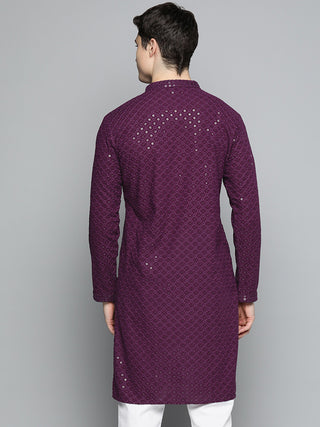 Men Purple Chikankari Embroidered and Sequence Kurta Only
