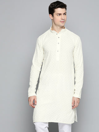 Men White Chikankari Embroidered and Sequence Kurta Only