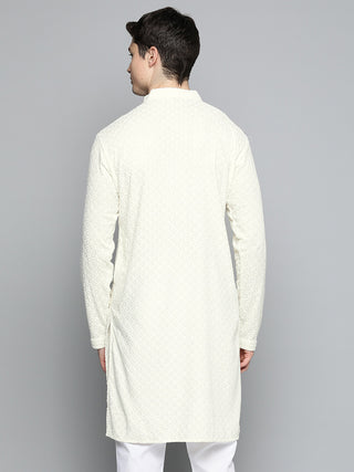 Men White Chikankari Embroidered and Sequence Kurta Only