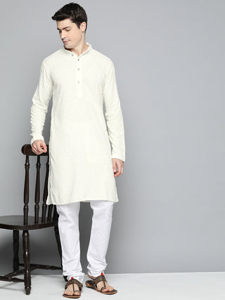 Men White Chikankari Embroidered and Sequence Kurta Only