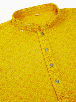 Men Yellow Chikankari Embroidered and Sequence Kurtas.