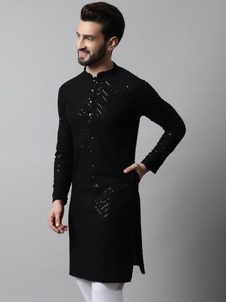 Men Black Embroidered Sequinned Kurtas