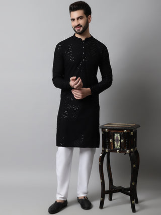 Men Black Embroidered Sequinned Kurtas