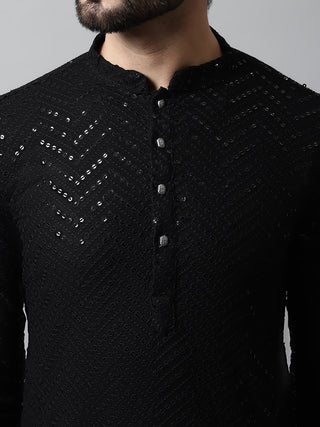 Men Black Embroidered Sequinned Kurtas