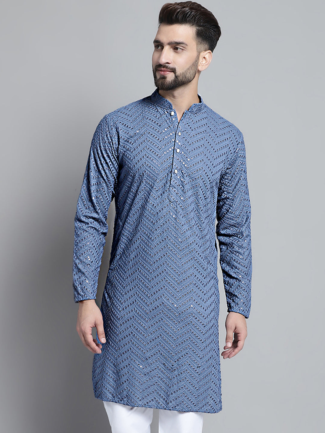 Men Grey Embroidered Sequinned Kurta Only