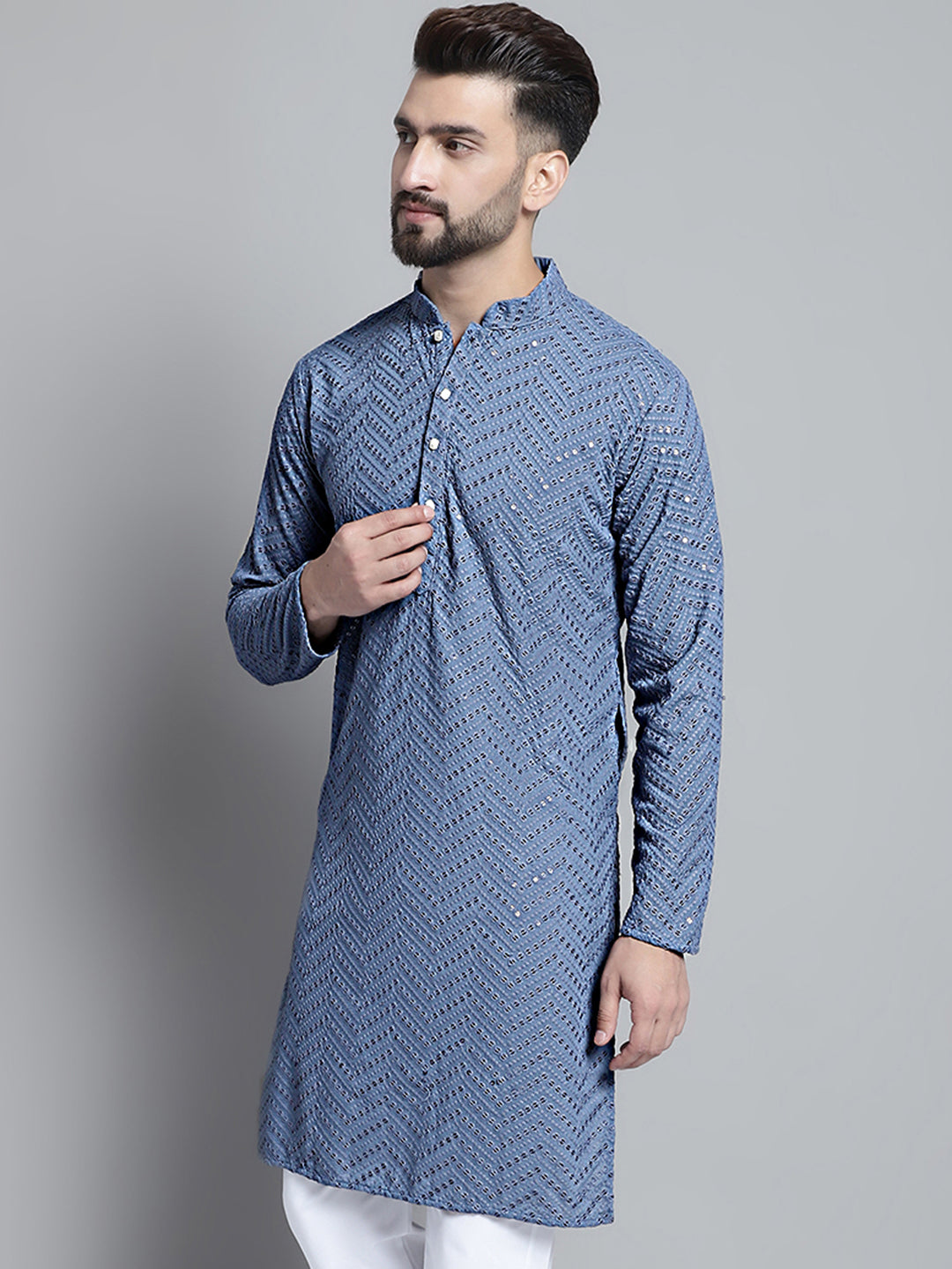 Men Grey Embroidered Sequinned Kurta Only