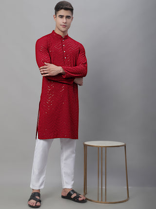 Men Maroon Embroidered Sequinned Kurtas